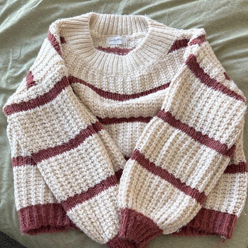 Carly Jean Los Angeles Cream and Rust Striped Chunky Sweater